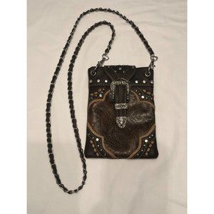 Saddle Rhinestone Studded Buckle Brown Chain Crossbody Bag Purse